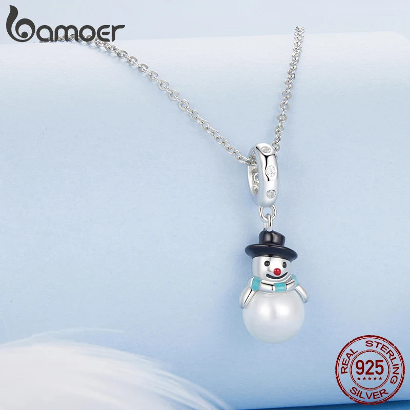 BAMOER Solid 925 Sterling Silver Pearl Snowman Pendant Bead fit Original Bracelet & Necklaces Jewelry DIY bamoer Charm BSC1071