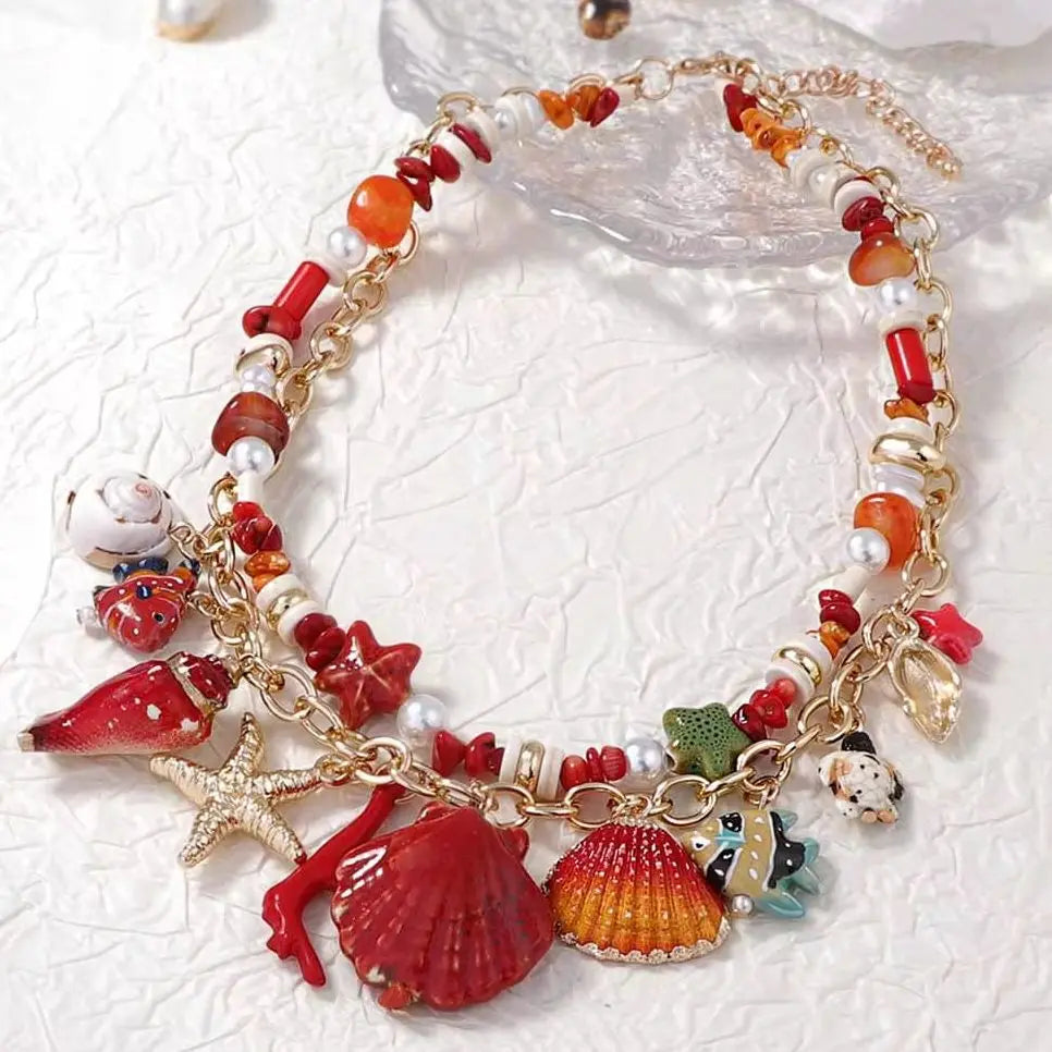 Ocean Vacation Style Creative Design Scallop Conch Pendant Double-layer Necklace