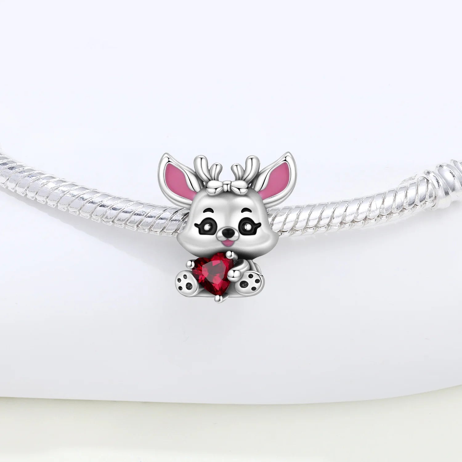PANPOKI 925 Sterling Silver Red Zircon Heart Elk Animal Beads Original Pendants Bracelet Charm Jewelry Party DIY Trendy Gifts