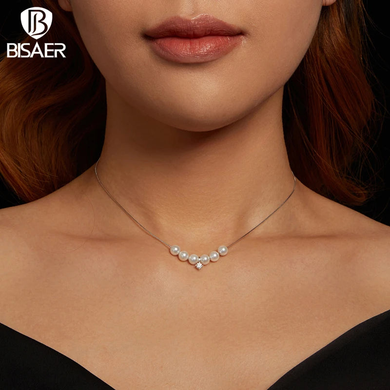 Collier BISAER Dancing Pearl Moissanite taillé en diamant de laboratoire plaqué argent sterling 925 chaîne en or blanc bijoux fins de mariage