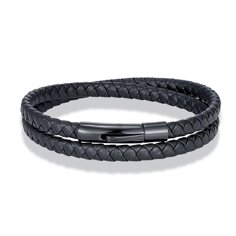 MKENDN Klassisches, schlichtes, blau-schwarzes geflochtenes Lederarmband für Herren und Damen, handgefertigt, gewebt, doppellagiges Design, Edelstahlschmuck