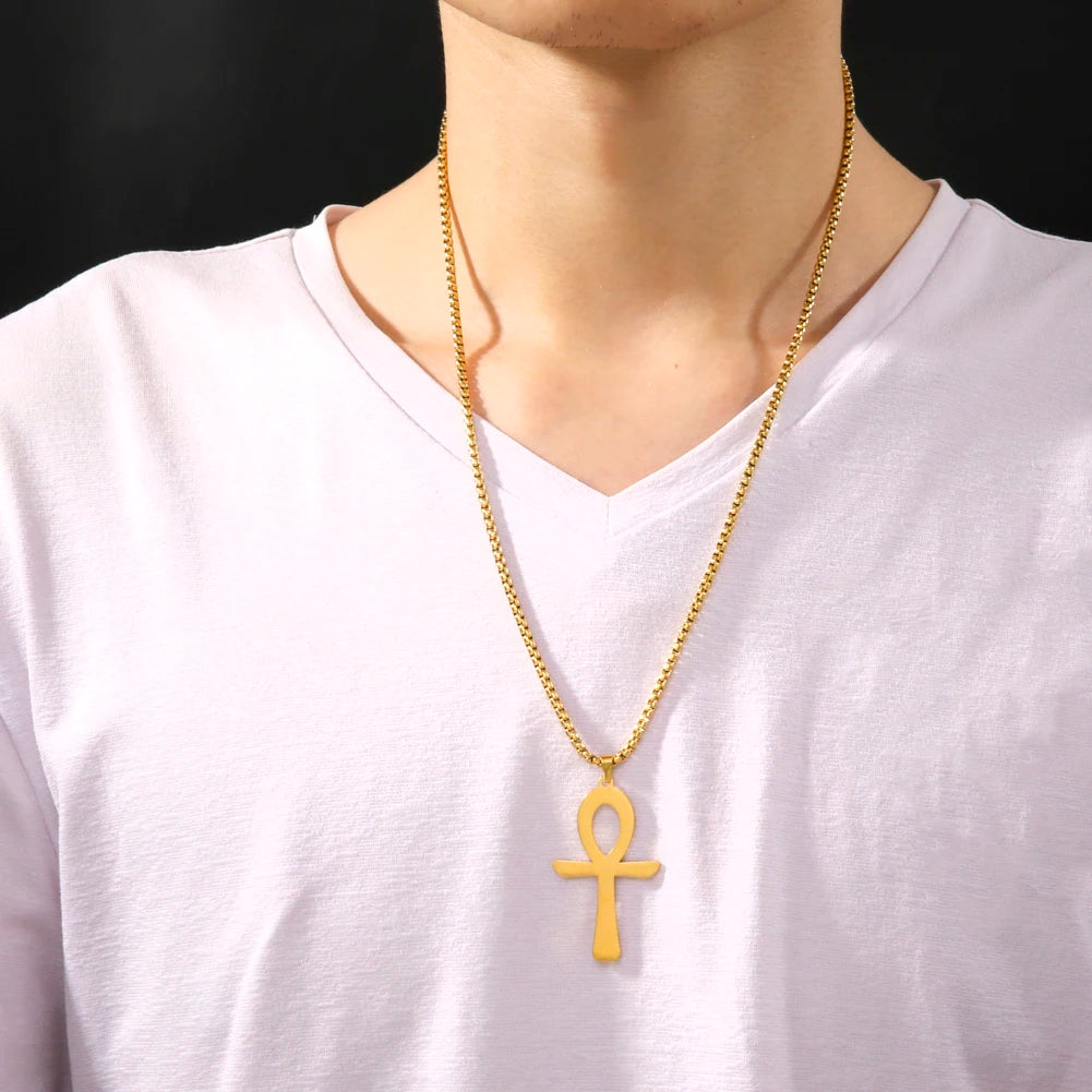 Dreamtimes Simple Classic Cross Stainless Steel Necklace Egyptian Ankh Life Symbol Antique Pendant Long Chain Necklaces Jewelry