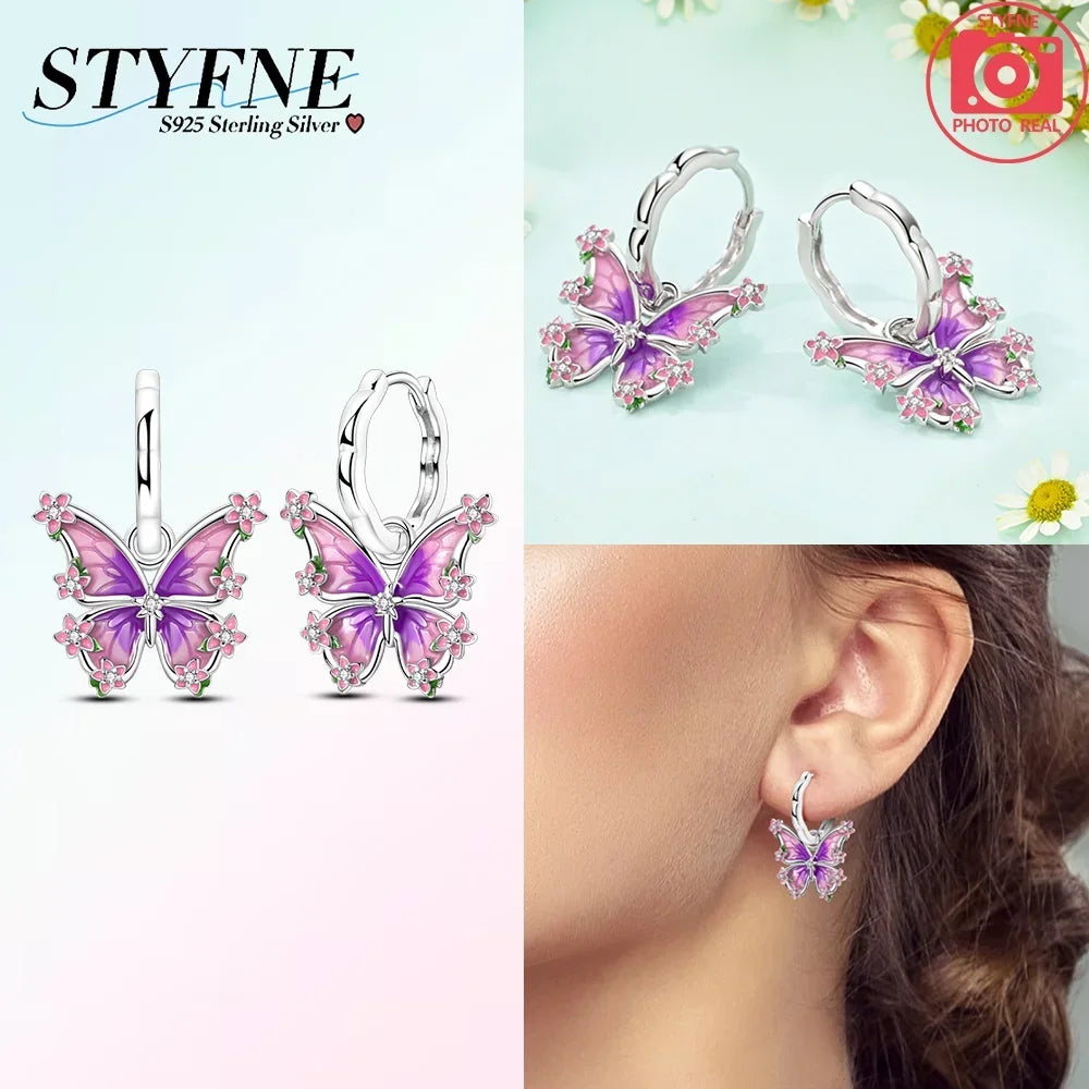 925 Sterling Silver Earrings Women Jewelry Butterfly Flower Pink Flowers Zircon Hoop Ear Studs Sparkling Earring Wedding Gift