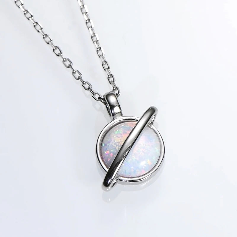 8mm Round White Fire Opal Fashion Planet Necklace Classic 925 Sterling Silver Ladies Pendant Necklace for Women Exquisite Gift