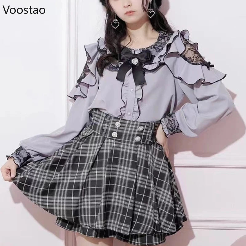 Japanese Gothic Lolita Shirt Women Y2k Aesthetic Sweet Bow Lace Ruffles Long Sleeve Blouse Women Harajuku Elegant Clothes Tops