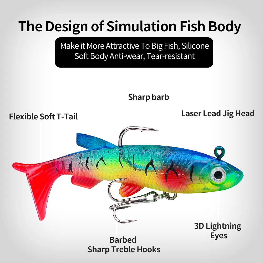 1pc Soft Bait Rubber Fishing Lure 75mm 85mm Artificial Sinking Swimbait Curly T Tail Jig Head Fishing Tackle Goods For Bass Pike