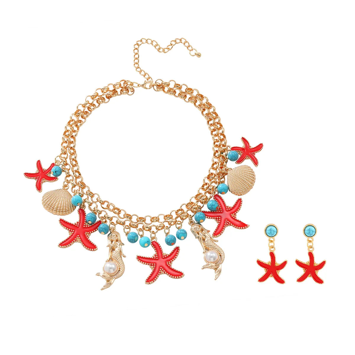 Collier ras-de-cou en alliage mixte avec pompon et perles, orné d'étoiles de mer et de conques, idéal pour l'été.