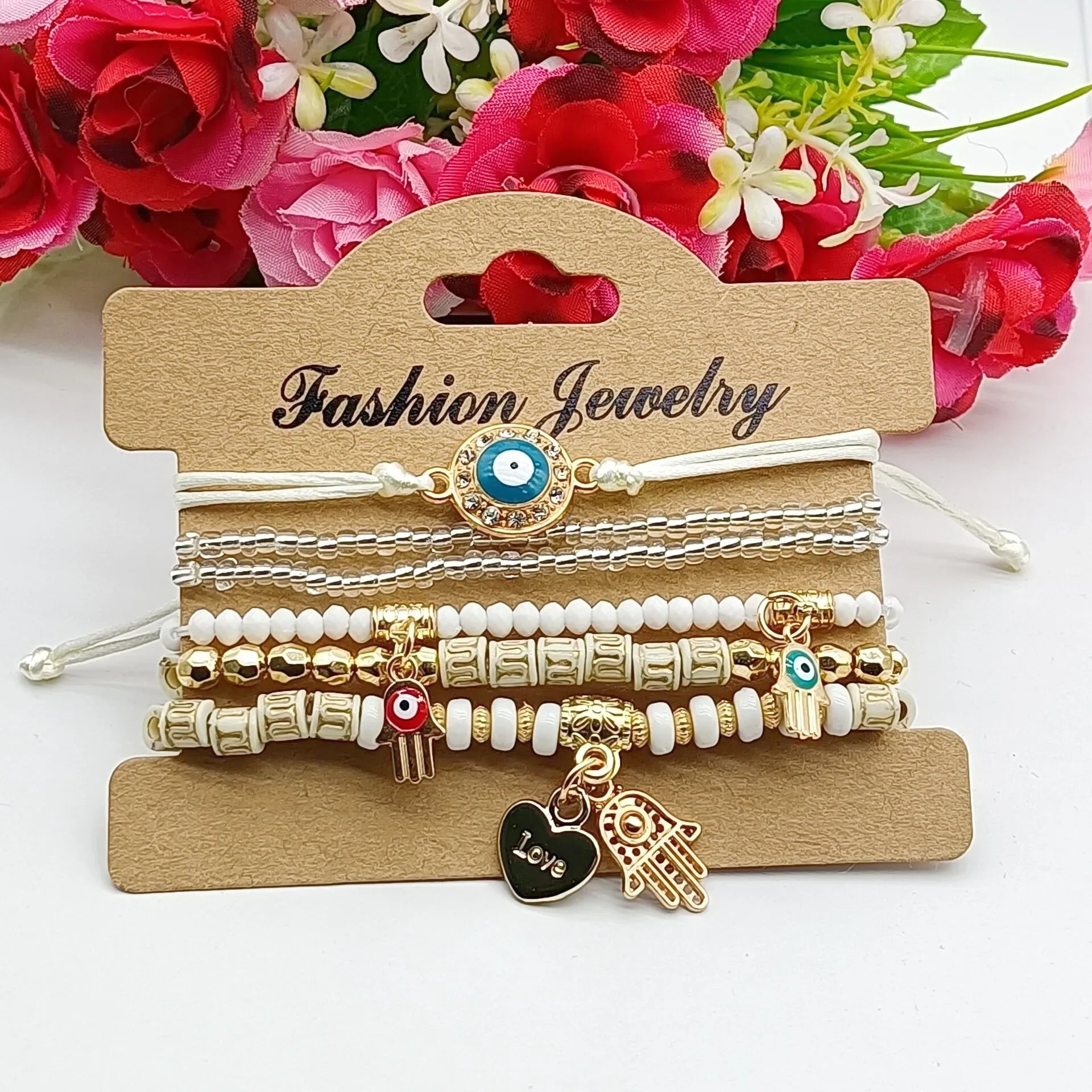 6Pcs Fatima Hand Evil Eye Bracelet Set For Women Heart Charm Beads Rope Chain Bangle Female Bohemian Handmade Jewelry