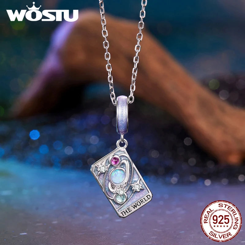 WOSTU 925 Sterling Silver The World Tarot Card Charm Pendant For Women , Original Rainbow Beads DIY Jewelry making