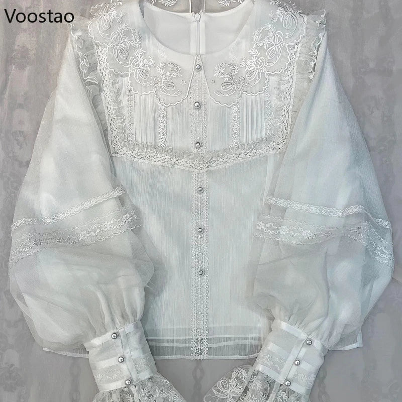Victorian Vintage Lolita Shirt Japanese Women Elegant Sweet Lace Ruffle Embroidery Long Sleeve Blouse Y2k Aesthetic Clothes Tops - Madeinsea©