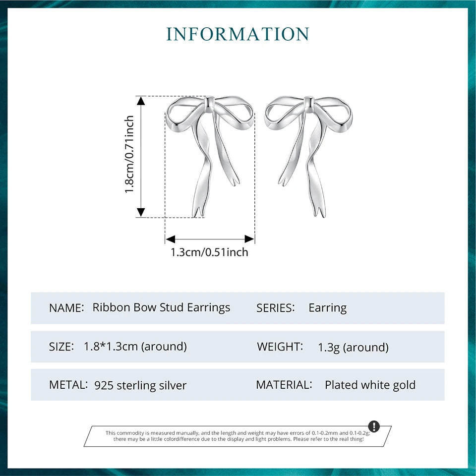 BAMOER Solid 925 Sterling Silver Bow Stud Earrings for Women Bowknot Jewelry Simple Earrings BSE1172