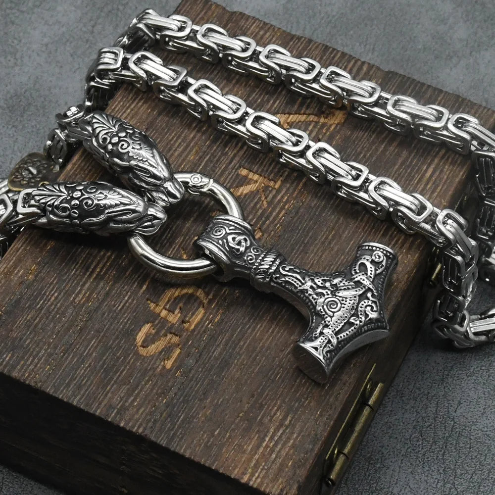 Stainless Steel Wolf Head with King Chain Necklace thor's hammer mjolnir viking  Rune Amulet Domineering Biker Jewelry