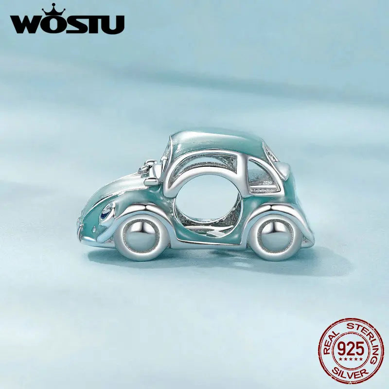 WOSTU 925 Sterling Silver Cartoon Bus Charm Beetle Car Bead Pink Bicycle Pendant Fit Bracelet Necklace Girl Birthday DIY Jewelry