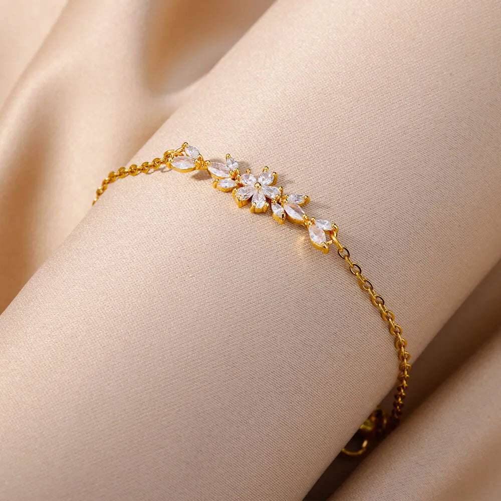 Elegant Zircon Flowers Bracelet for Women Girls Charm Gold Color Stainless Steel Plant Bracelets Luxury Designer Jewelry Gifts B1288P Bracelet China