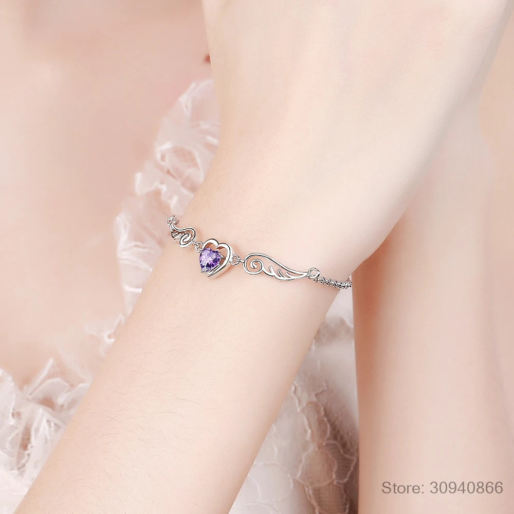 Real 925 Sterling Silver Pretty Bracelet For Women Birthday Valentine's Day Gift Angel Wing Heart Purple CZ Fine Jewelry DA2976