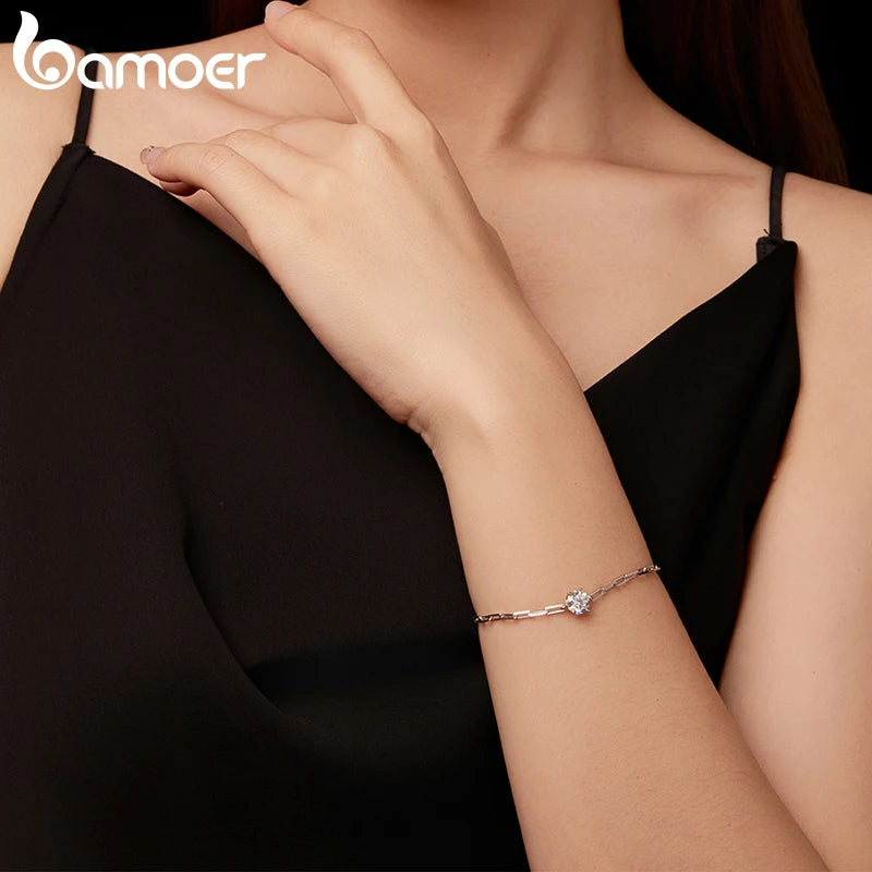 BAMOER 1CT Moissanite Bracelet 6-Prong Setting Adjustable Link Wrist Chain for Women 925 Sterling Silver Wife Mom Birthday Gift