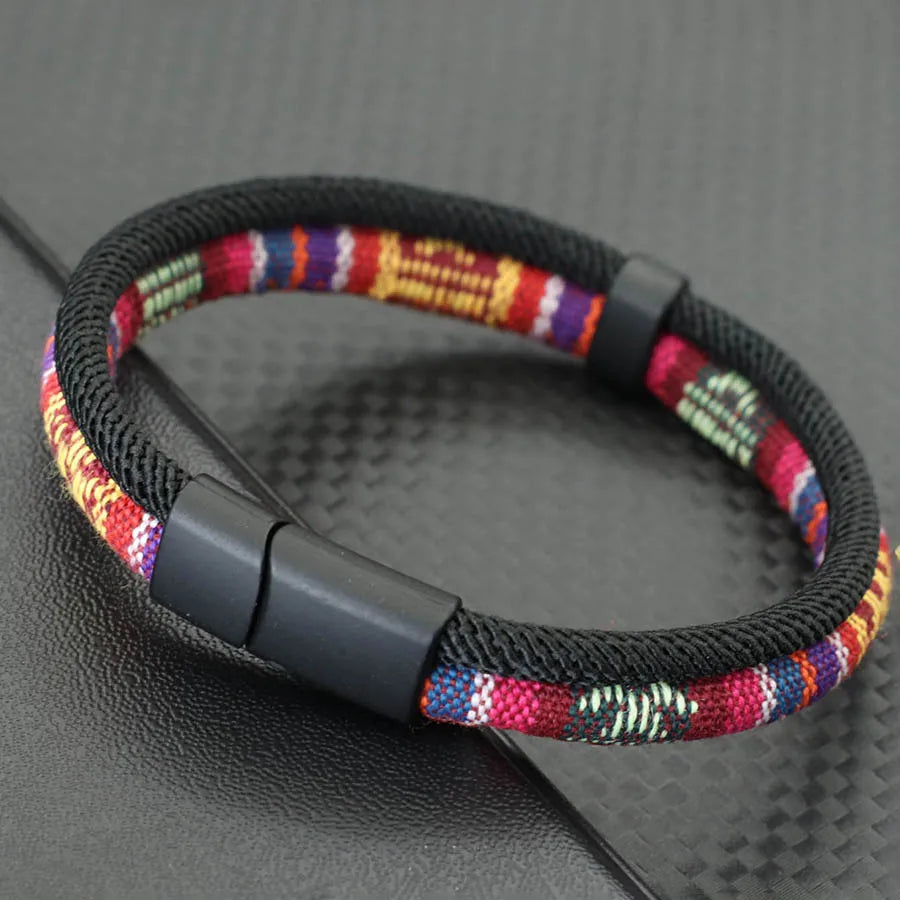 5 Colors Ethnic Rope Bracelet For Men Bilayer Detachable Magnet Buckle Wrap Braslet Bangle Grade A Fabric Braclet Pulsera Tela