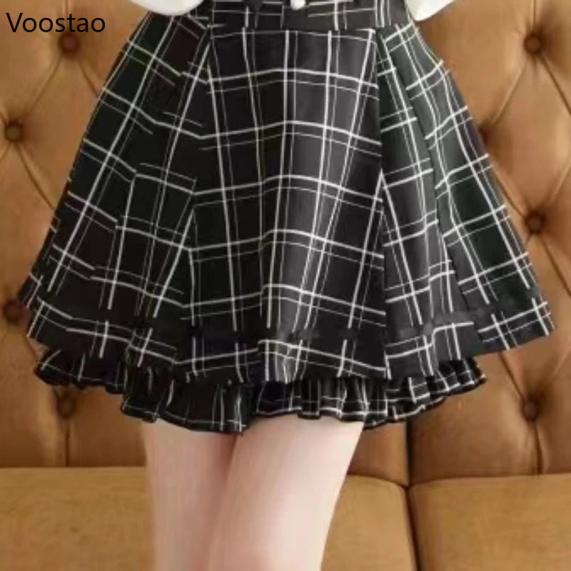Japanese Gothic Y2k Lolita Plaid Dress Shorts Set Women Sweet Bow Sailor Collar Puff Sleeve Party Dresses Female A-Line Dress
