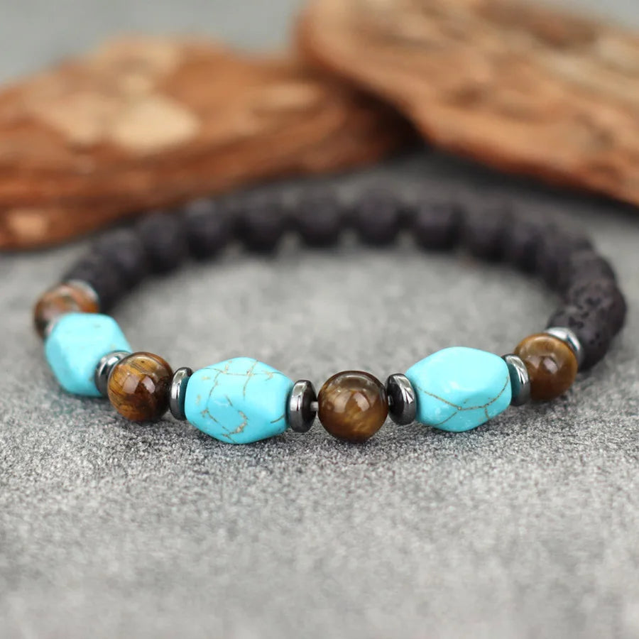 Stylish Turquoises Stone Strand Bracelet Men Women Handmade Tiger Eyes Hematite Healing Braslet Volcanic Rock Beaded Braclet