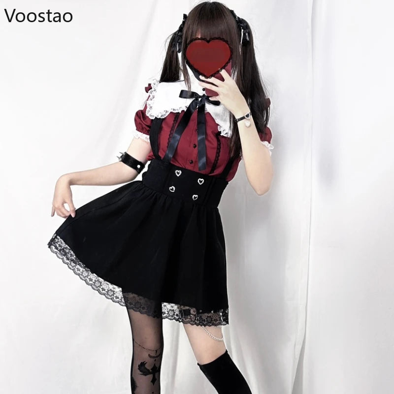 Gothic Y2k Lolita Shirt Japanese Harajuku Girls Sweet Lace Ruffles Bow Puff Sleeve Blouses Women Punk Clothes Tops Blusas Mujer