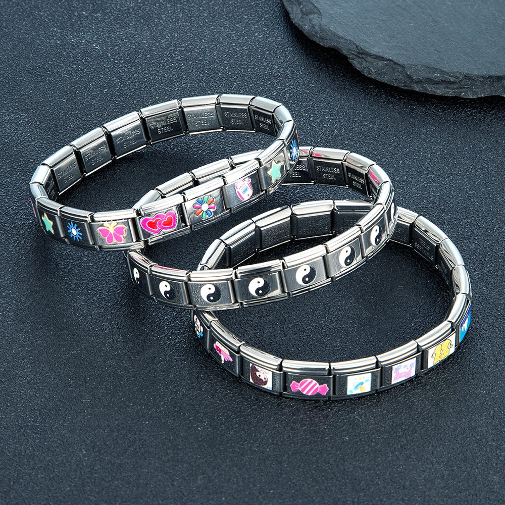 MKENDN Italian Elastic Charm Bracelet 9mm DIY YINYANG TAIJI Cartoon Candy Heart Stainless Steel Fashion Bangle