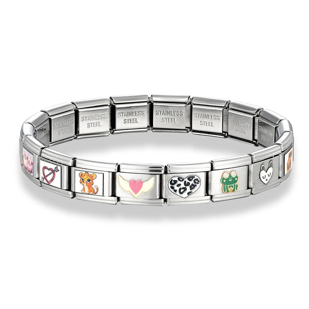 MKENDN Italian Elastic Charm Bracelet 9mm DIY YINYANG TAIJI Cartoon Candy Heart Stainless Steel Fashion Bangle