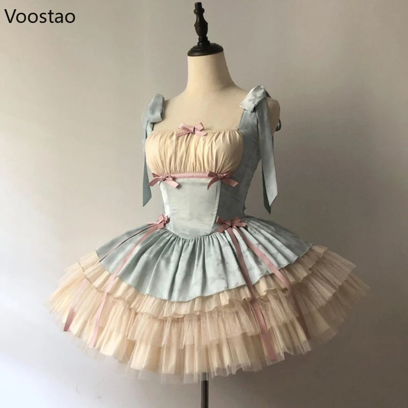Sweet Lolita Jsk Dress Women Vintage Y2k Bow Ribbon Party Princess Dresses Japanese Girls Kawaii Ballet Style Mesh Mini Dress