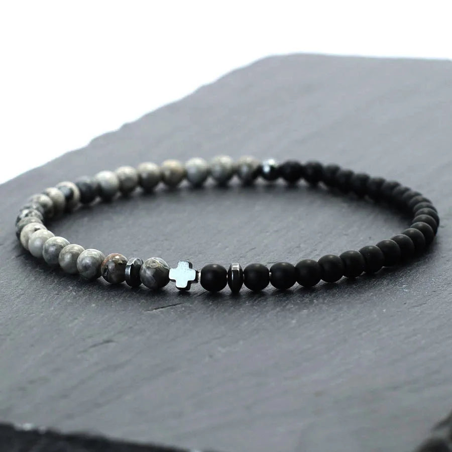 Minimalist Men Cross Bracelet Bicolor Black White 4mm Beads Strand Braslet Volcanic Rock Turquoises Stone Energy Healing Braclet