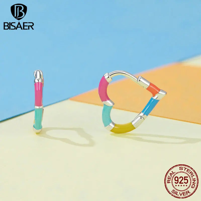 BISAER 925 Sterling Silver Dopamine Heart Hoop Earrings Minimalist Love Enamel Stud Ear for Women Original Party Fine Jewelry