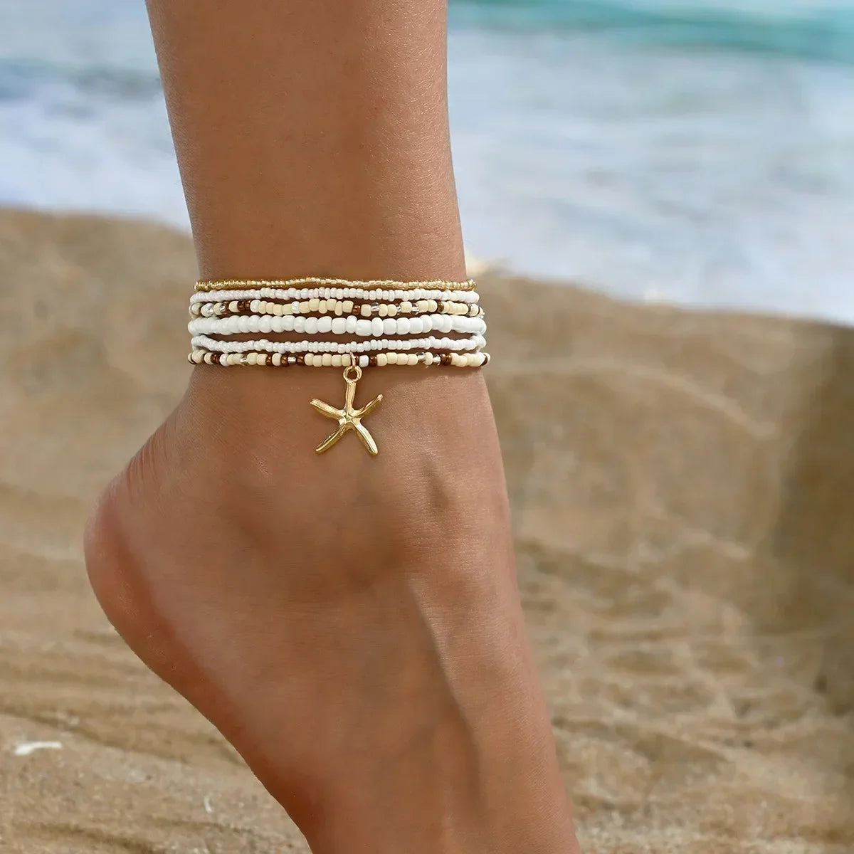 6pcs Set Charm Summer Beach Acrylic Round Ball Beaded Starfish Anklet for Women Multilayer Foot Jewelry Holiday Accessory Gift - Madeinsea©