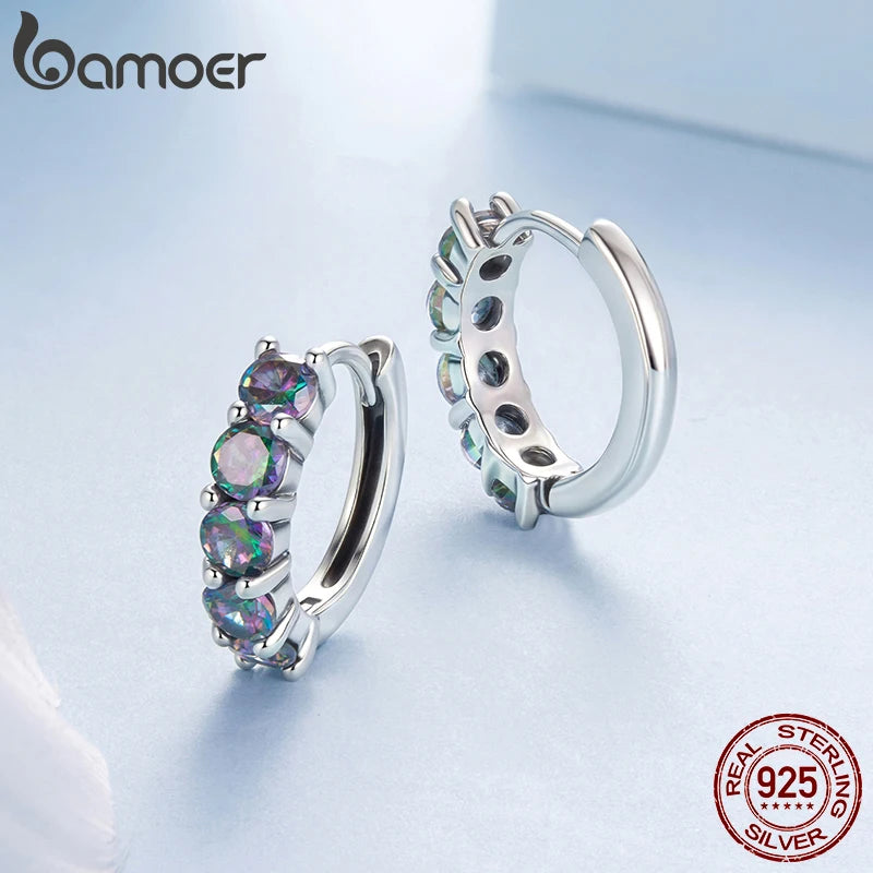 BAMOER 925 Sterling Silver Rainbow Hoop Earring Iridescent Purple Full Zircons Ear Cuff for Women Dazzling Birthday Jewelry Gift