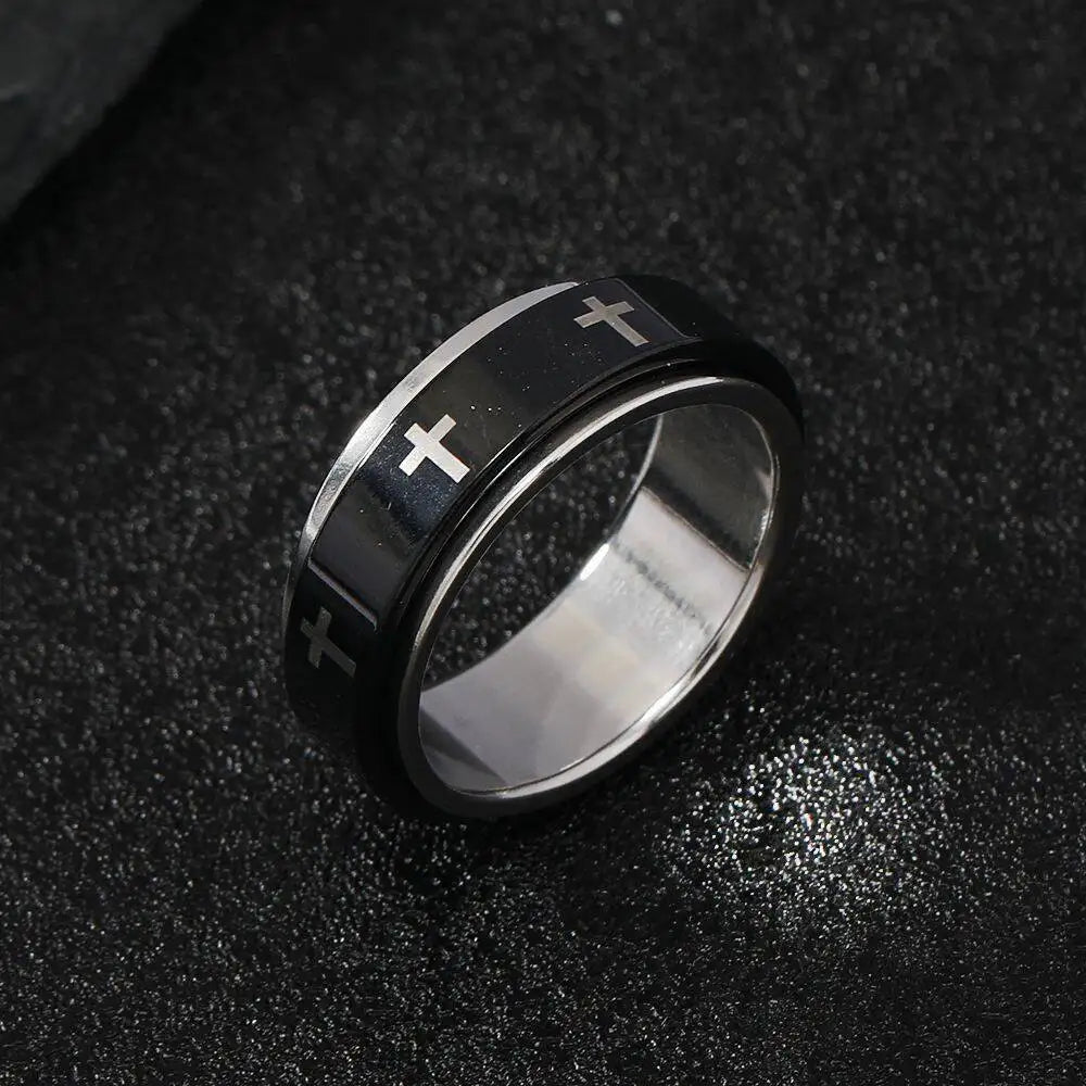 Rotatable Metal Cross Ring For Men Women White In Black Stainless Steel Ring Punk Gothic Accessories Christian Jewelry Gift