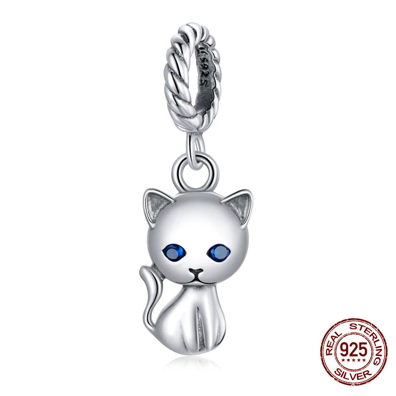 WOSTU 100% 925 Sterling Silver Cute Kitty Black Cat Charms Animal Bead for Women Fit Original DIY Bracelet Necklace Jewelry Gift