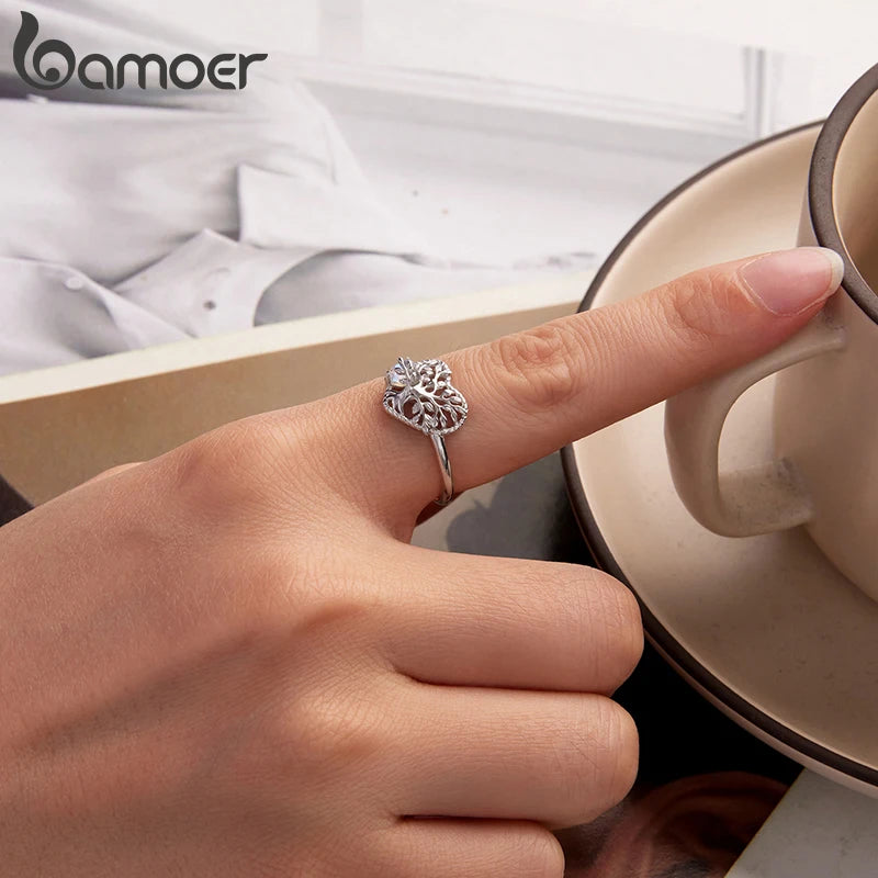 BAMOER 925 Sterling Silber Ring „Baum des Lebens“, offener Ring mit Mondstein und herzförmigem Motiv, originelles Schmuckgeschenk für Familie und Freunde – ein perfektes Geschenk für jeden Tag