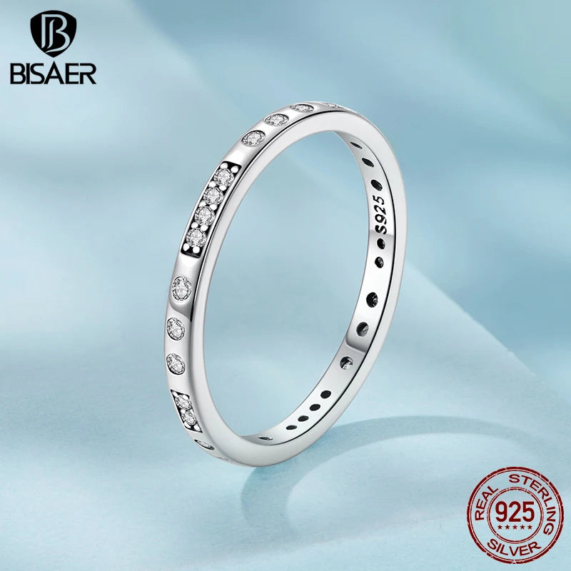 BISAER 925 Sterling Silver ‘I Love You’ Morse Code Ring Tiny Stackable Eternity Band for Women Wedding Fine Jewelry ECR1157