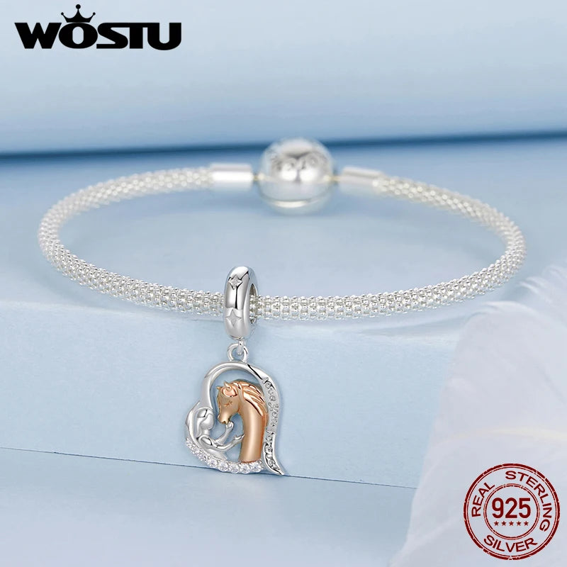 WOSTU 925 Sterling Silver Two-Tone Girl & Horse Charm Pendant For Women, Heart Bead Horse Lover Jewelry Family DIY Gift CTC1210