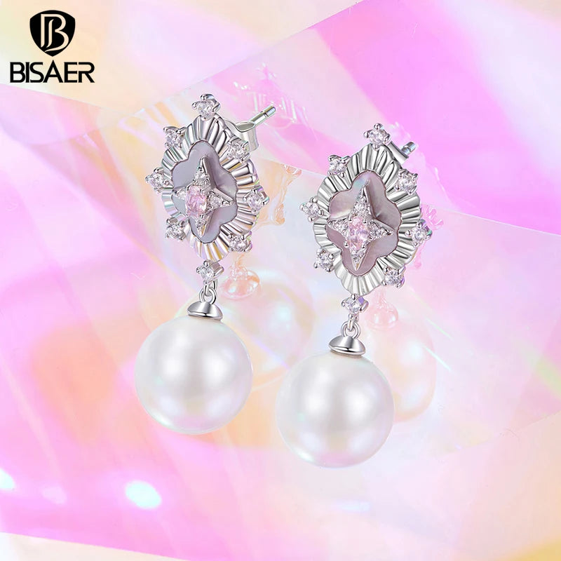 BISAER Boucles d'oreilles à tige en coquillage rose Starlight en forme d'étoile en zircon plaqué or blanc pour femme, bijoux de fête et de fiançailles