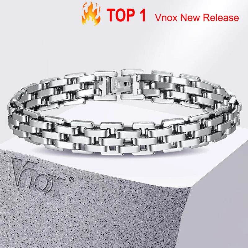 Vnox 11mm Watchband Shaped Chain Bracelet for Men Teens Boys,Strap Chain Bracelets, Black Silver Color Stainless Steel Wristband