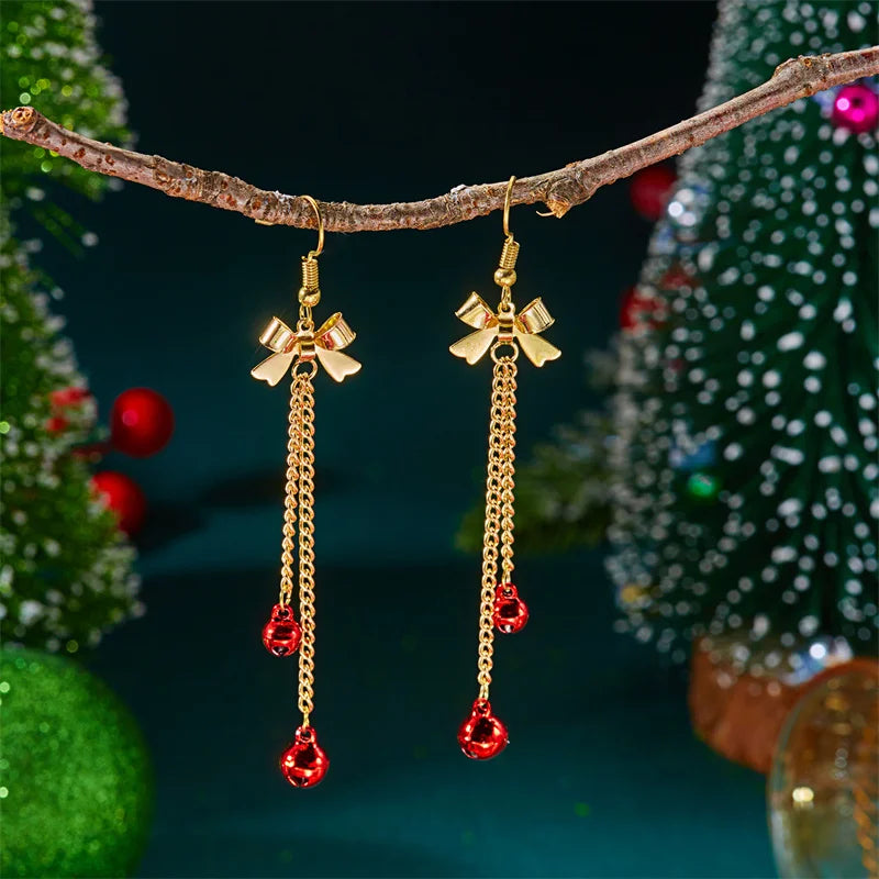 Fashion Christmas Red Green Bell Pendant Earrings for Women Exquisite Bowknot Long Tassel Dangle Earring New Year Xmas Gifts
