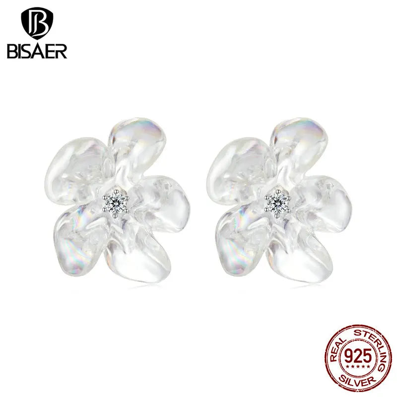 BISAER 925 Sterling Silber Ohrstecker mit frischen Blumen, blühenden Reinheitsblumen, Ohrstecker, vergoldet mit Weißgold für Partys, edler Schmuck