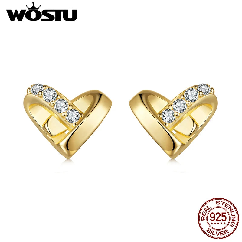WOSTU 925 Sterling Silver 14K Gold Plated Heart Stud Earrings For Women, Dainty, Sparkling Cubic Zirconia Stud Wedding Gift
