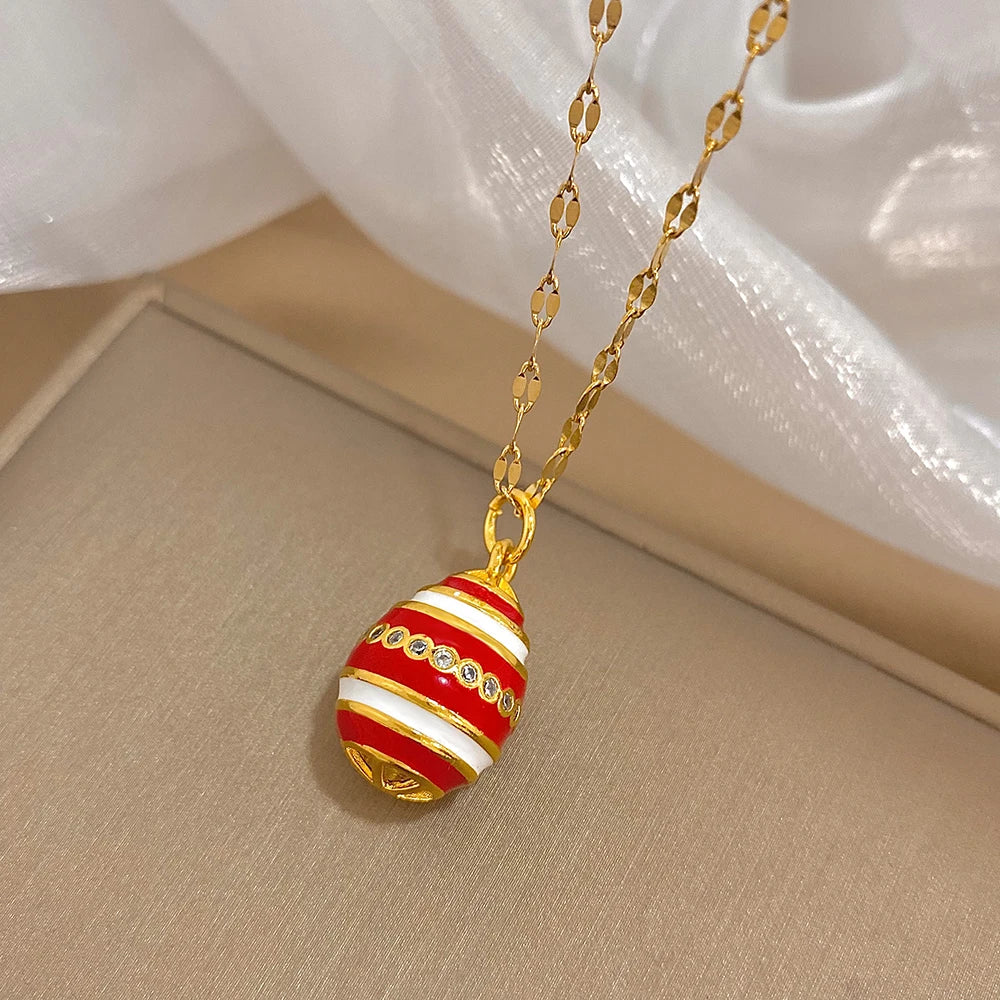 Greatera Colorful Enamel Easter Egg Pendant Necklaces for Women Guilloche Locket Egg Gold Plated Chain Necklaces Party Jewelry