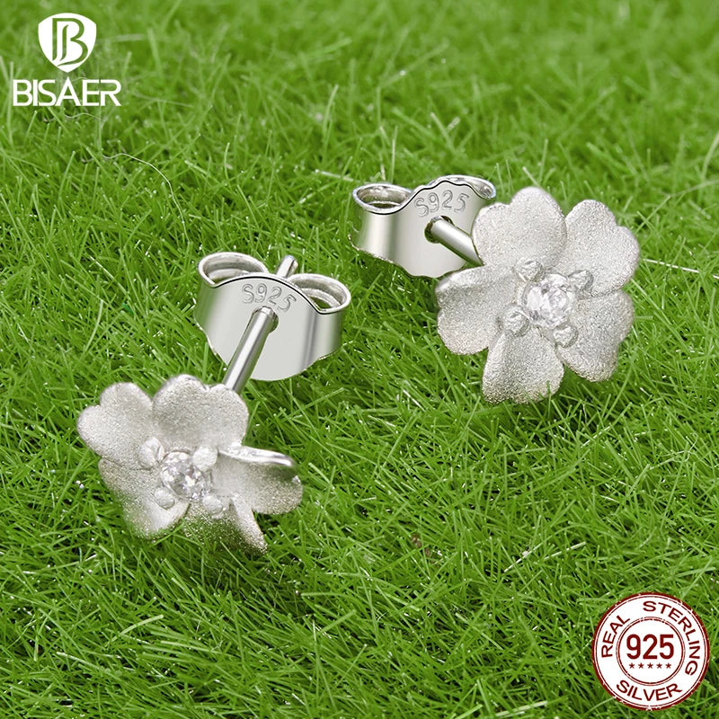 BISAER 925 Sterling Silver Frosted Texture Flower Jewelry Set Zircon Stud Earrings Open Ring for OL Women Party Fine Jewelry