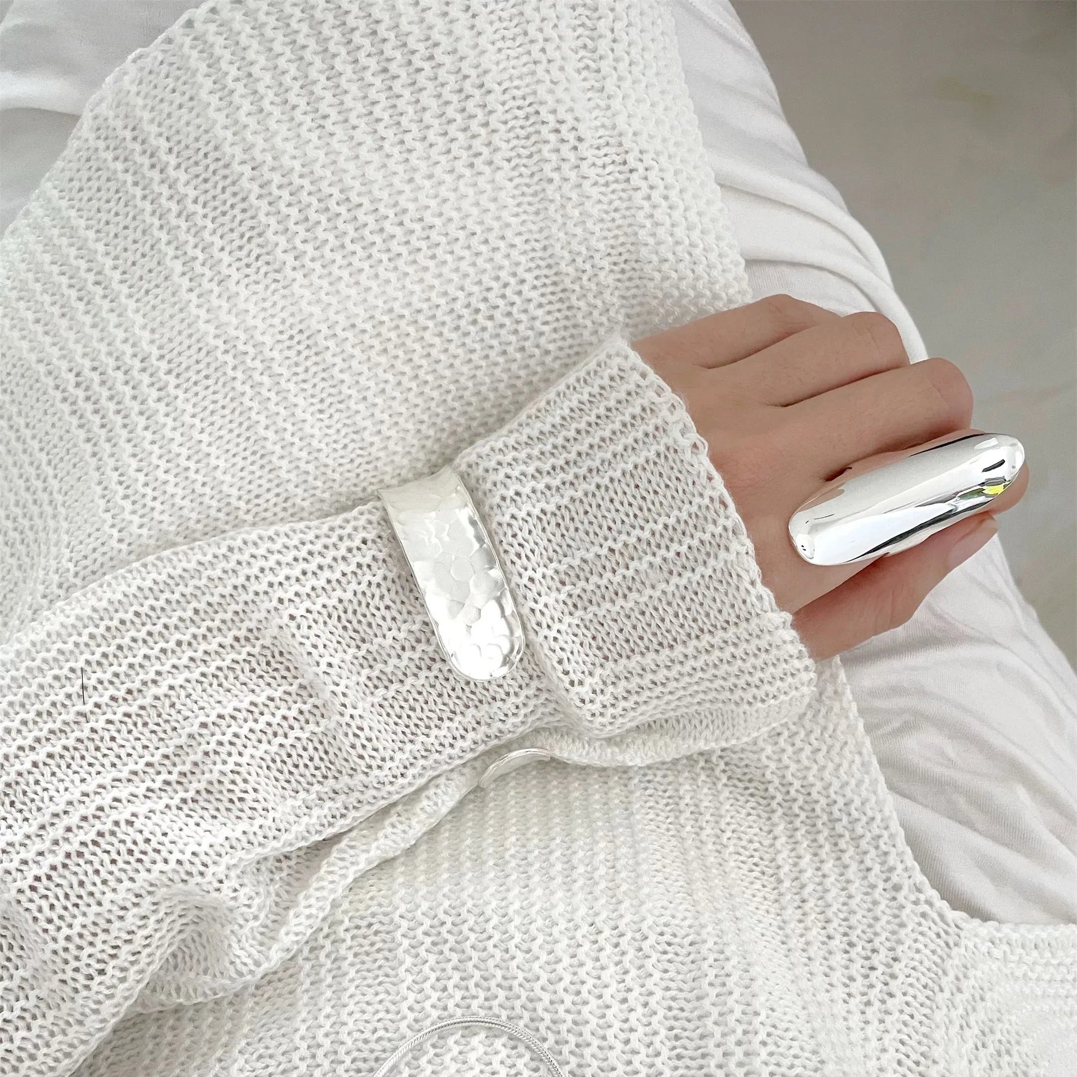 925 Sterling Silver Rings For Women Geometric Fine Jewelry Finger Adjustable Simple Smooth Oval Ring For Party Birthday Gift