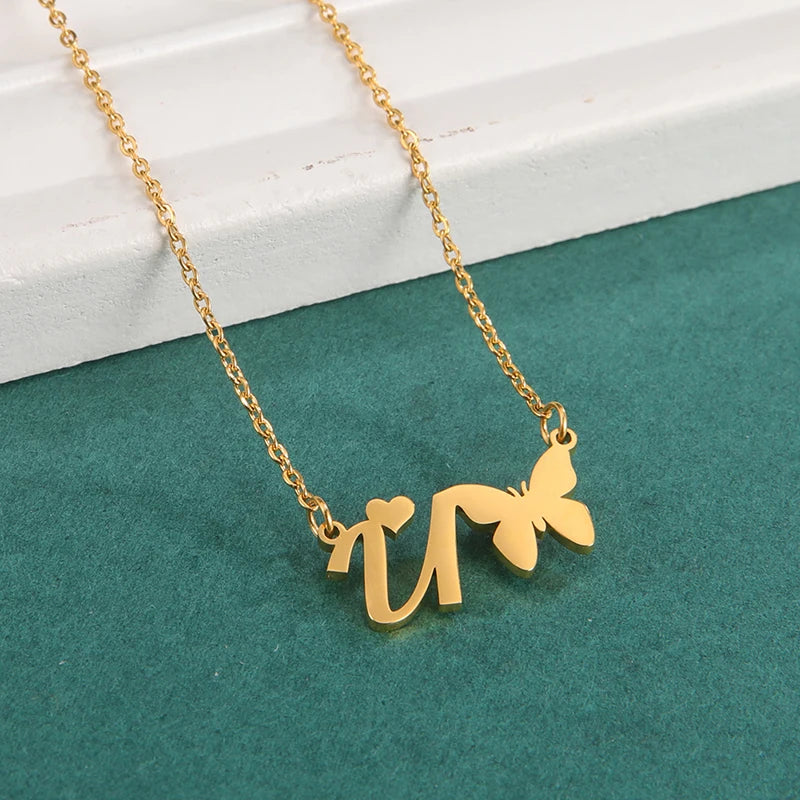 New Fashion 26 Initials Letter Pendant Butterfly Necklace for Women Elegant Stainless Steel Gold Color Necklace Jewelry Gift
