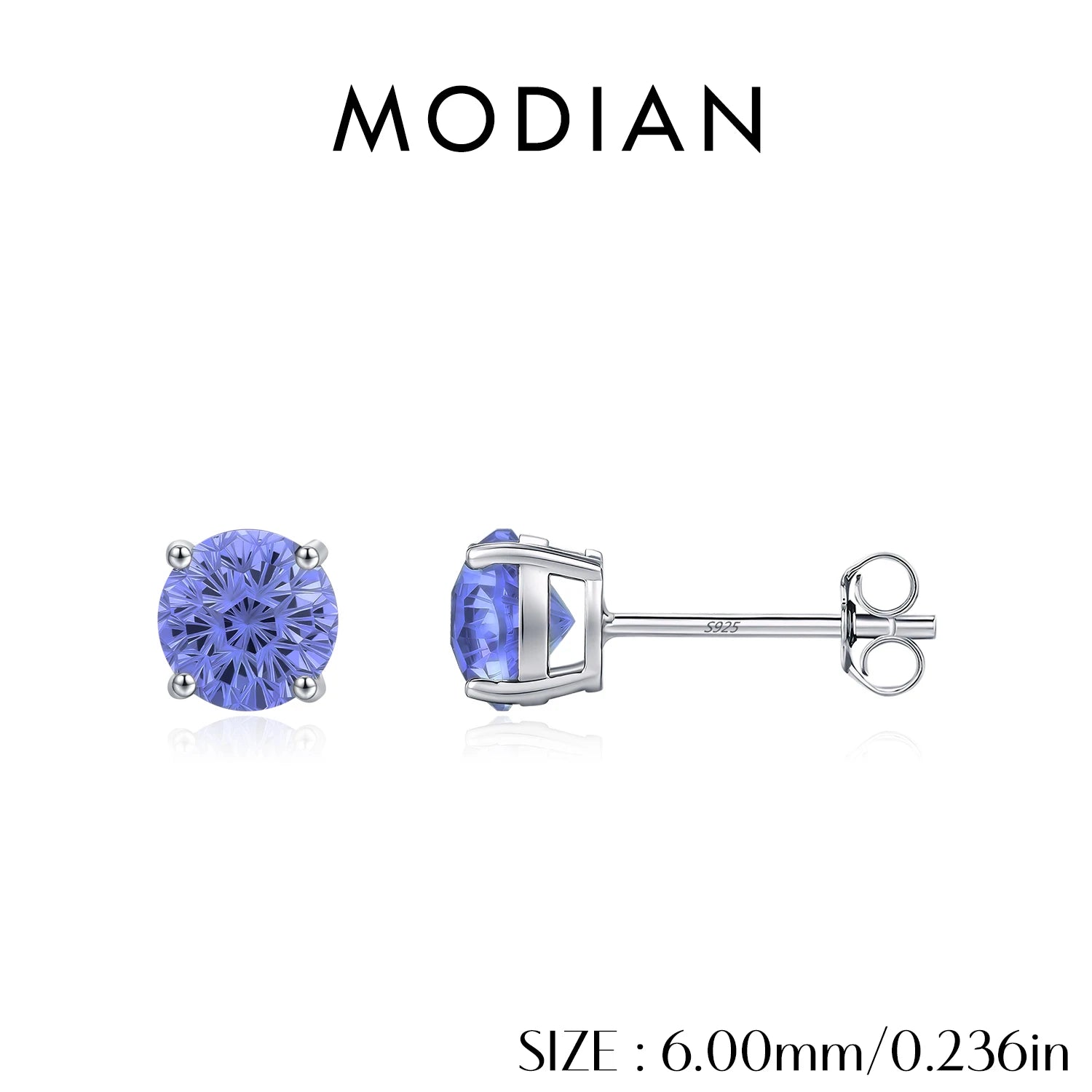MODIAN 925 Sterling Silver Classic Round Firework Cut Tanzanite Color CZ Unisex Studs Earrings For Women Fine Jewelry