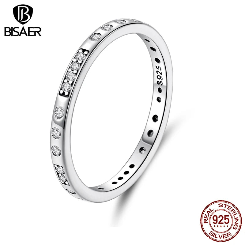 BISAER 925 Sterling Silver ‘I Love You’ Morse Code Ring Tiny Stackable Eternity Band for Women Wedding Fine Jewelry ECR1157