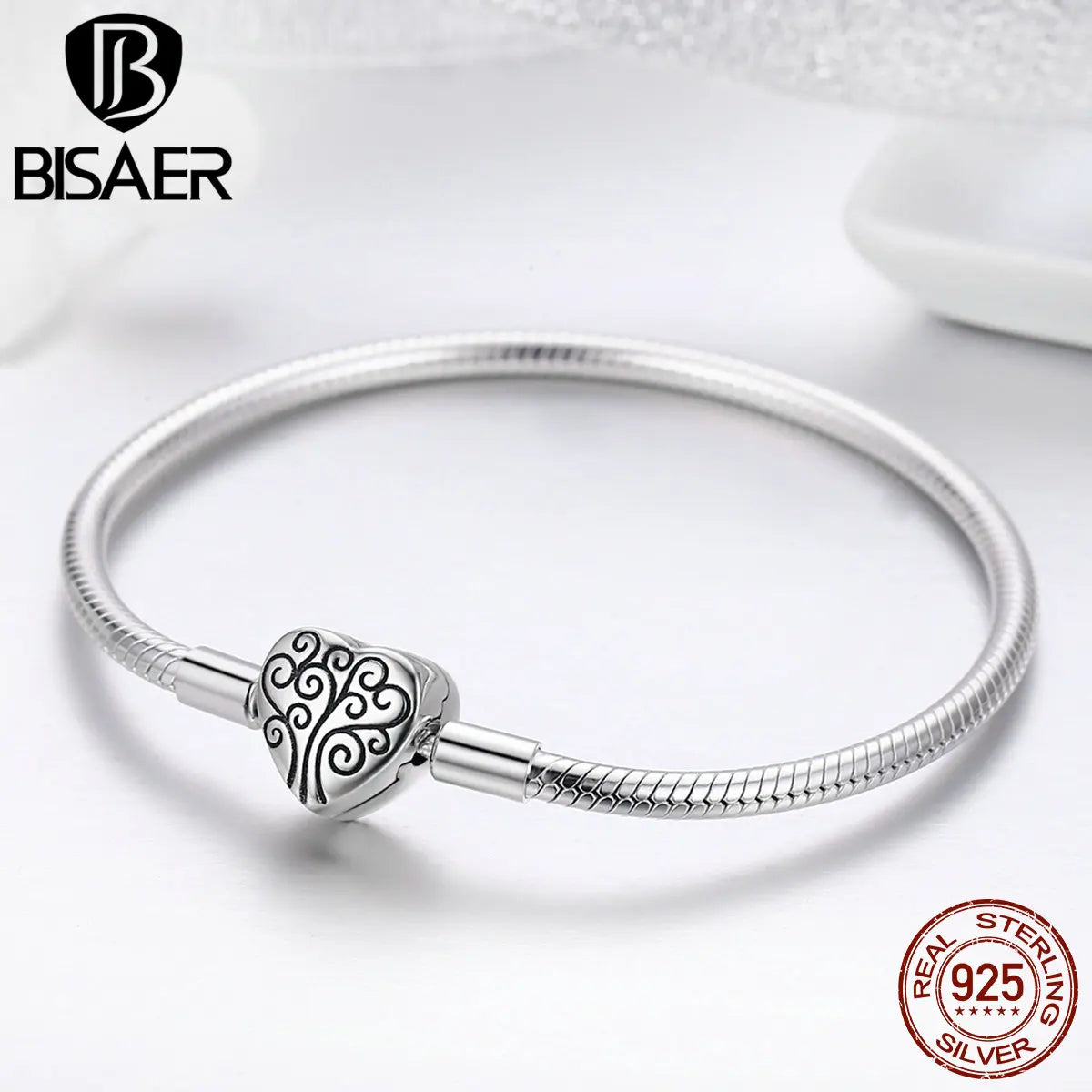 BISAER 100% 925 Sterling Silver Family Tree Of Life Bracelets For Women Heart Snake Basic Bracelet Bead & Charm DIY Fine Jewelry