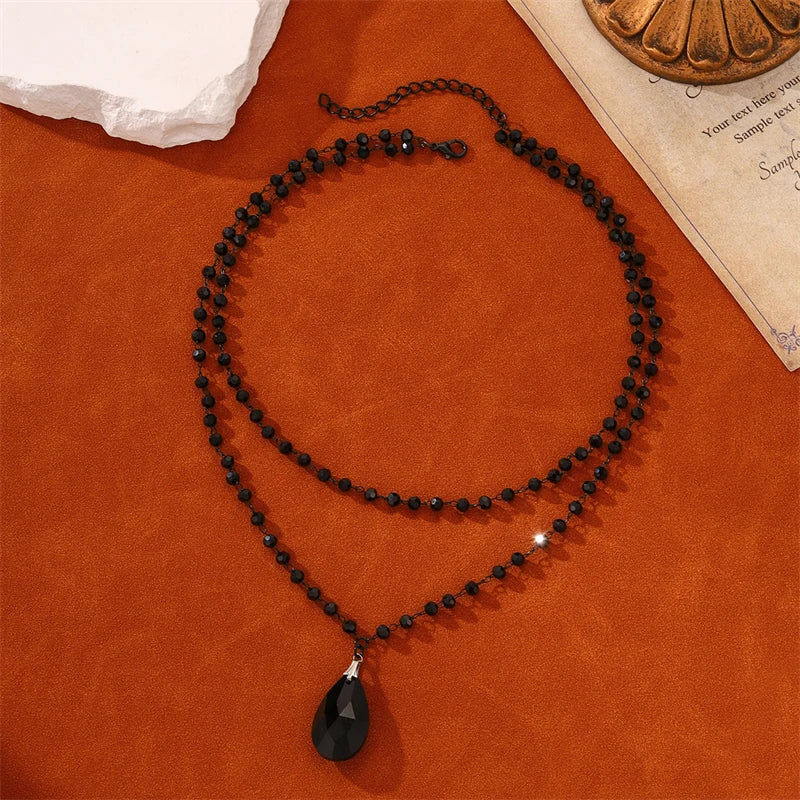 Gothic Halloween Black Bat Teardrop Pendant Necklace for Women Vintage Double Layer Blood Drop Tassel Choker Girls Party Jewelry