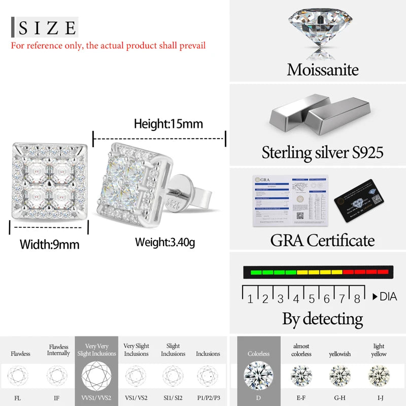 Orginal Silver 925 Stud Earrings for Men Women Luxury D Color Moissanite GRA Certified Push Back HipHop Wedding Jewelry Gifts